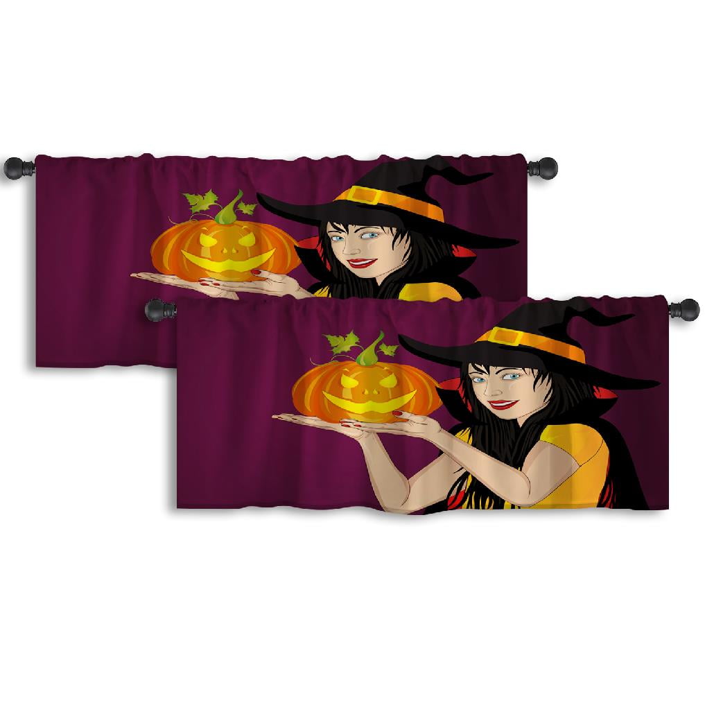 LALILO Kitchen Curtain Valance Halloween Happy Woman And Witch Rod ...