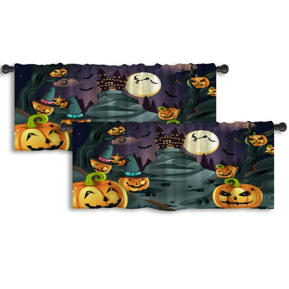 LALILO Kitchen Curtain Valance Halloween With Pumpkins And Rod Pocket Window Curtain 52"x 18" Set of 2