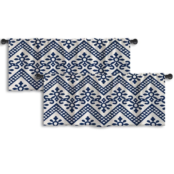 LALILO Kitchen Curtain Valance Indigo Dye Ethnic Floral Rod Pocket Window Curtain 52"x 18" Set of 2