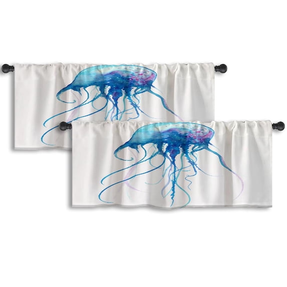 LALILO Kitchen Curtain Valance Jellyfish Watercolor White Rod Pocket Window Curtain 52"x 18" Set of 2