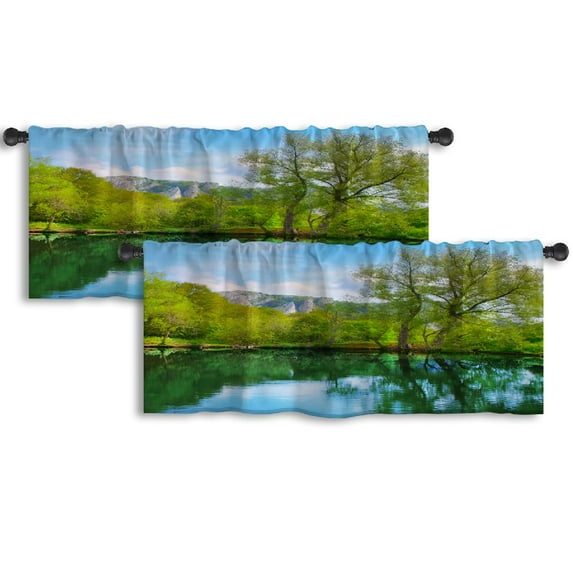 LALILO Kitchen Curtain Valance Landscape With Lake Forest Rod Pocket Window Curtain 52"x 18" Set of 2