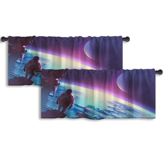 LALILO Kitchen Curtain Valance Man Surface Earth Space Science Rod Pocket Window Curtain 52"x 18" Set of 2