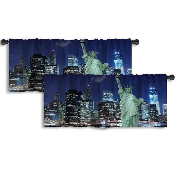 LALILO Kitchen Curtain Valance Manhattan Skyline And Statue Rod Pocket Window Curtain 52"x 18" Set of 2