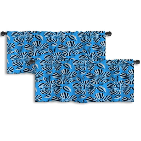LALILO Kitchen Curtain Valance Natural Gray And Black Hibiscus Rod Pocket Window Curtain 52"x 18" Set of 2
