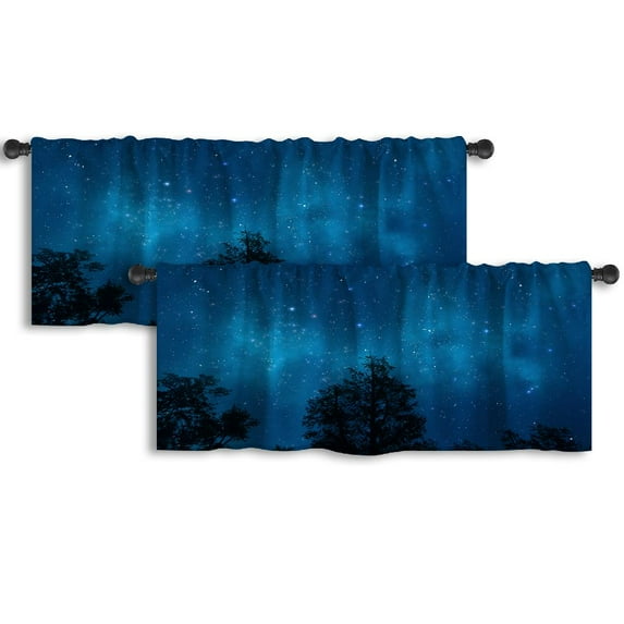 LALILO Kitchen Curtain Valance Night Sky With Trees Night Sky Rod Pocket Window Curtain 52"x 18" Set of 2
