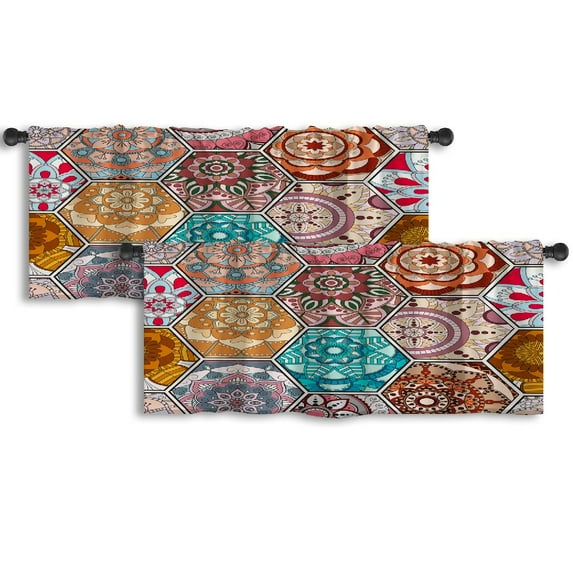 LALILO Kitchen Curtain Valance Objects Bohemian Flowers Wreath Rod Pocket Window Curtain 52"x 18" Set of 2