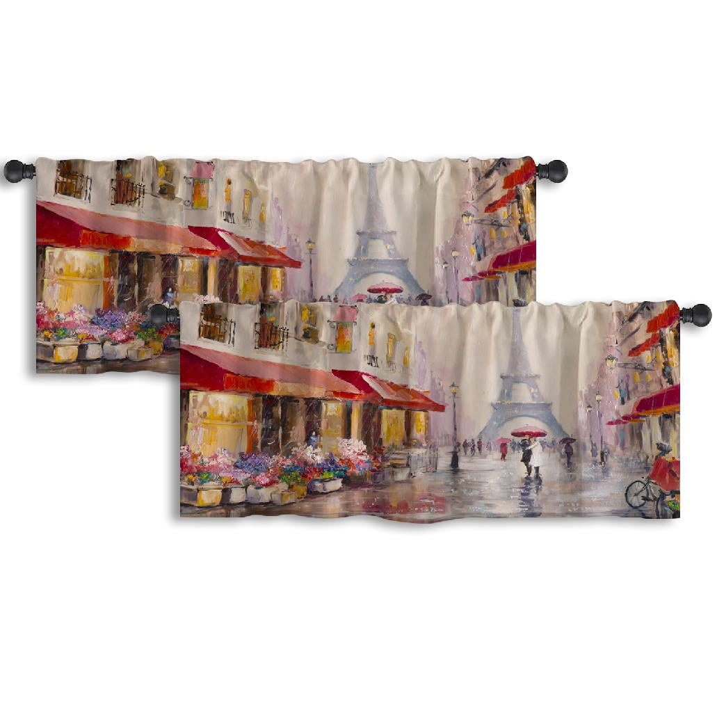 LALILO Kitchen Curtain Valance Oil Canvas Paris Eiffel Tower Rod Pocket ...