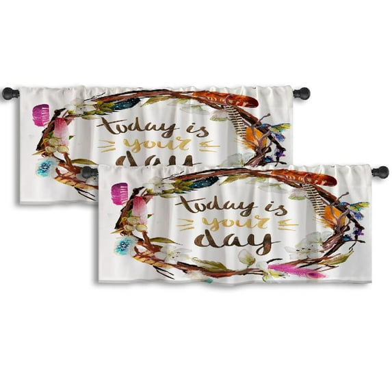 LALILO Kitchen Curtain Valance Oil Round Frame Boho Art Rod Pocket Window Curtain 52"x 18" Set of 2