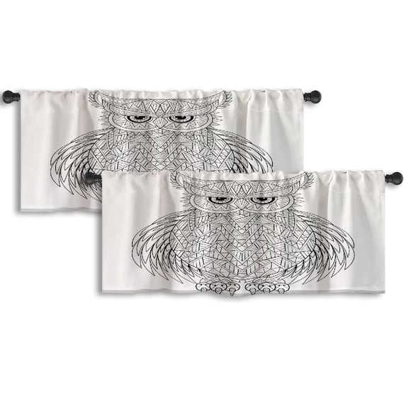 LALILO Kitchen Curtain Valance Owl Bird Coloring Tattoo With Rod Pocket Window Curtain 52"x 18" Set of 2