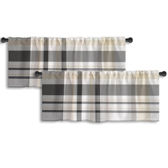 LALILO Kitchen Curtain Valance Plaid Check Black Rod Pocket Window Curtain 52"x 18" Set of 2