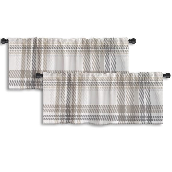 LALILO Kitchen Curtain Valance Plaid Check Gray Rod Pocket Window Curtain 52"x 18" Set of 2
