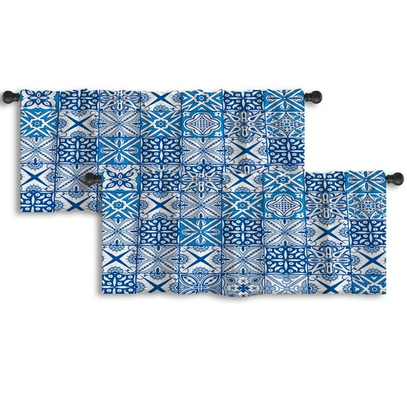 LALILO Kitchen Curtain Valance Portugal Indigo Blue Tiles Tile Rod Pocket Window Curtain 52"x 18" Set of 2