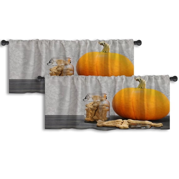 LALILO Kitchen Curtain Valance Pumpkin Dog Bone Shape Jar And Rod Pocket Window Curtain 52"x 18" Set of 2