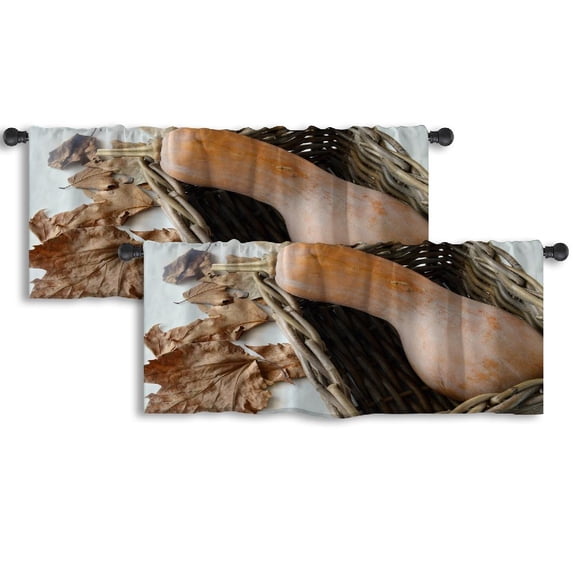 LALILO Kitchen Curtain Valance Pumpkin White With Leaves Food Rod Pocket Window Curtain 52"x 18" Set of 2