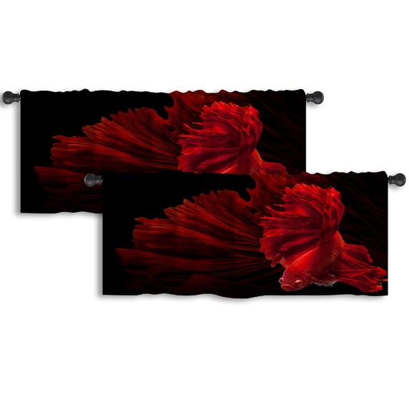 LALILO Kitchen Curtain Valance Red Color Fish Fish Rod Pocket Window Curtain 52"x 18" Set of 2