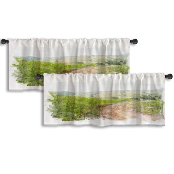 LALILO Kitchen Curtain Valance Road Rural Rice Field With Rod Pocket Window Curtain 52"x 18" Set of 2