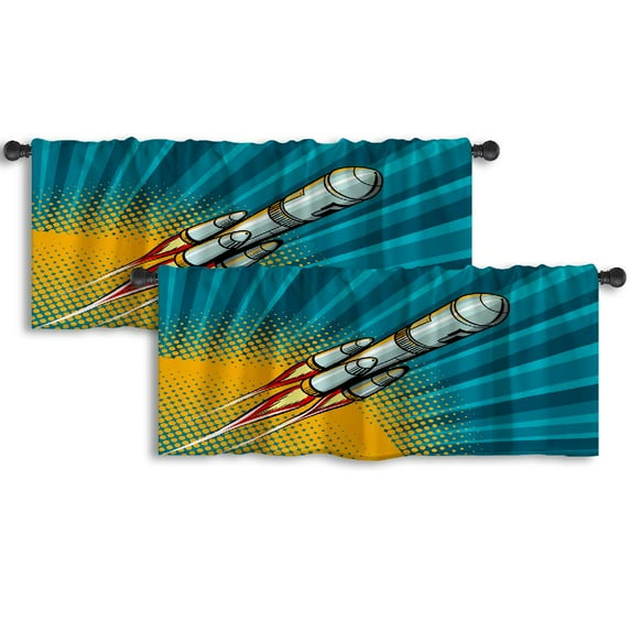 LALILO Kitchen Curtain Valance Rocket Flying Space Comic Book Rod Pocket Window Curtain 52"x 18" Set of 2