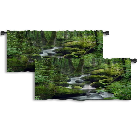 LALILO Kitchen Curtain Valance Rocks Forest Waterfall Water Rod Pocket Window Curtain 52"x 18" Set of 2