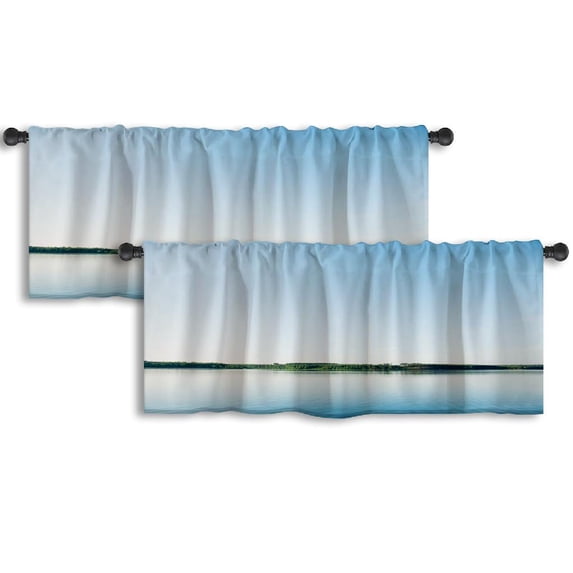 LALILO Kitchen Curtain Valance Rural Blue Lake And Green Rod Pocket Window Curtain 52"x 18" Set of 2