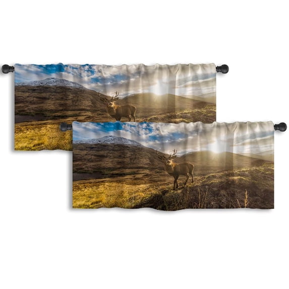 LALILO Kitchen Curtain Valance Scottish With Deer Snow And Sun Rod Pocket Window Curtain 52"x 18" Set of 2
