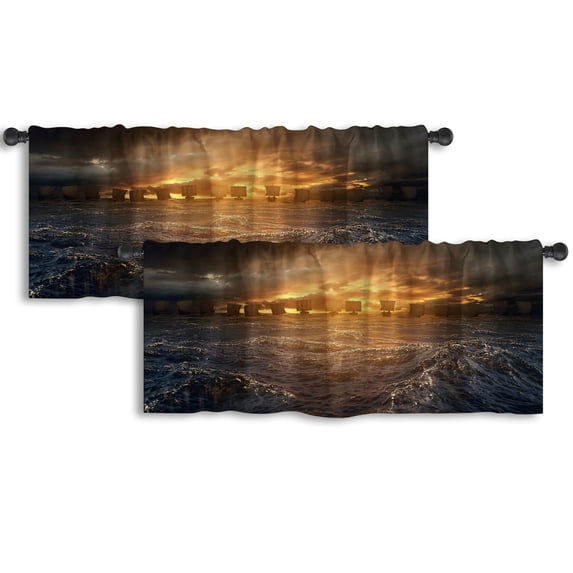 LALILO Kitchen Curtain Valance Ships Stormy Ocean Rod Pocket Window Curtain 52"x 18" Set of 2