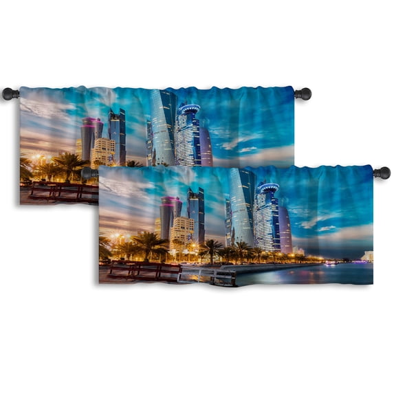 LALILO Kitchen Curtain Valance Skyline City Sunset Rod Pocket Window Curtain 52"x 18" Set of 2