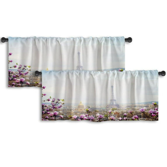 LALILO Kitchen Curtain Valance Skyline Paris City With Rod Pocket Window Curtain 52"x 18" Set of 2