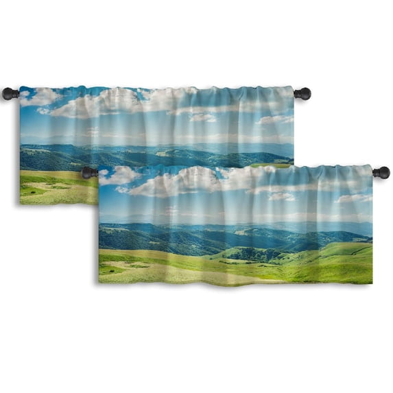 LALILO Kitchen Curtain Valance Summer Mountains Green Grass Rod Pocket Window Curtain 52"x 18" Set of 2