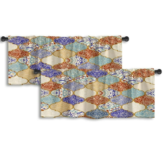 LALILO Kitchen Curtain Valance Tile With Colorful Patchwork Rod Pocket Window Curtain 52"x 18" Set of 2