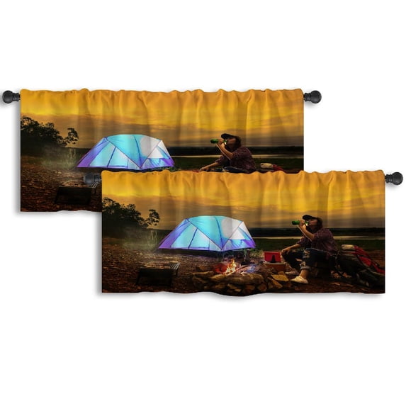 LALILO Kitchen Curtain Valance Traveler Camping River Mountain Rod Pocket Window Curtain 52"x 18" Set of 2