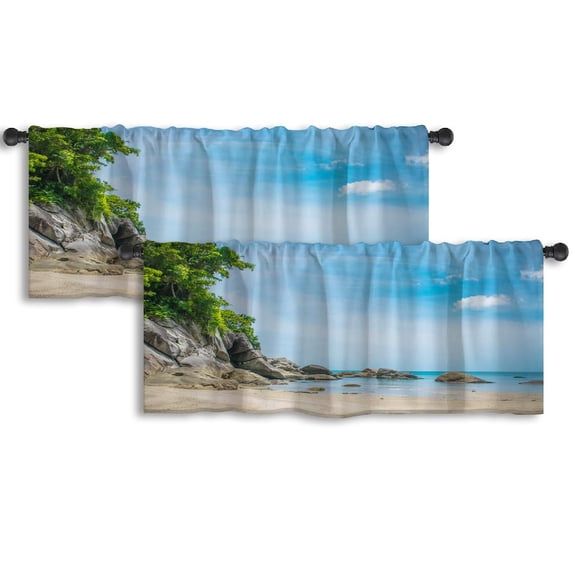 LALILO Kitchen Curtain Valance Tropical Beach And Blue Rod Pocket Window Curtain 52"x 18" Set of 2