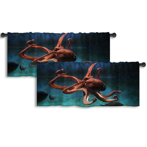 LALILO Kitchen Curtain Valance Underwater Octopus Wildlife Rod Pocket Window Curtain 52"x 18" Set of 2