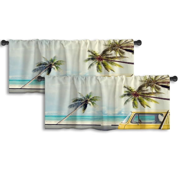 LALILO Kitchen Curtain Valance Vintage Car Beach With Rod Pocket Window Curtain 52"x 18" Set of 2