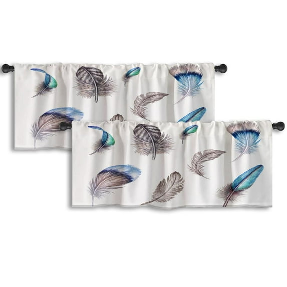 LALILO Kitchen Curtain Valance Watercolor Blue Boho Feather Rod Pocket Window Curtain 52"x 18" Set of 2