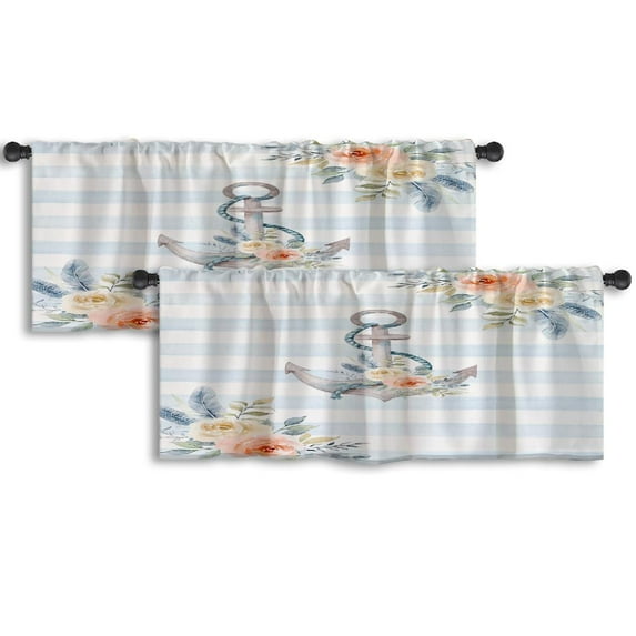 LALILO Kitchen Curtain Valance Watercolor Card With Anchor Rod Pocket Window Curtain 52"x 18" Set of 2