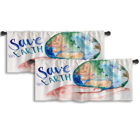 LALILO Kitchen Curtain Valance Watercolor Earth Save Rod Pocket Window Curtain 52"x 18" Set of 2