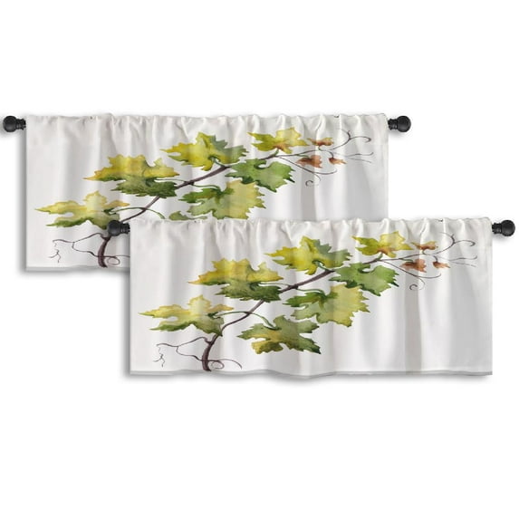 LALILO Kitchen Curtain Valance Watercolor Grape Leaf White Rod Pocket Window Curtain 52"x 18" Set of 2