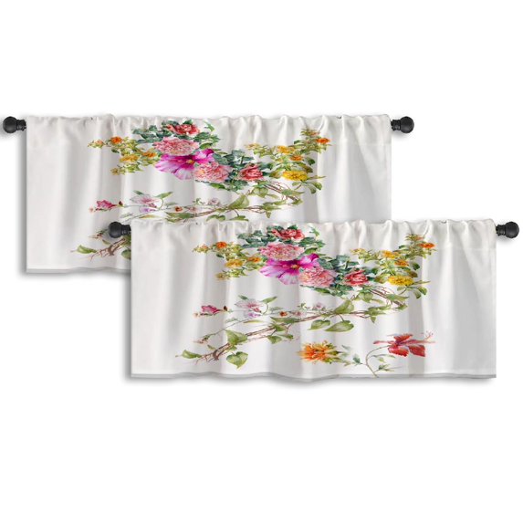 LALILO Kitchen Curtain Valance Watercolor Leaves And Flower Rod Pocket Window Curtain 52"x 18" Set of 2