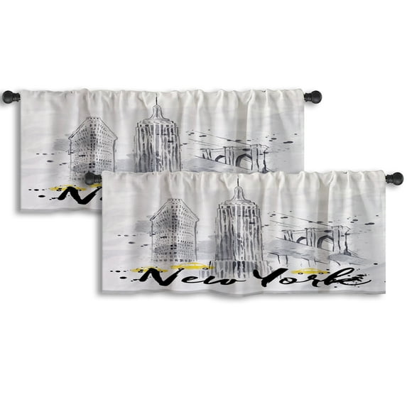 LALILO Kitchen Curtain Valance Watercolor New York Rod Pocket Window Curtain 52"x 18" Set of 2
