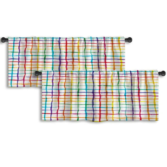 LALILO Kitchen Curtain Valance Watercolor Plaid With Ink Rod Pocket Window Curtain 52"x 18" Set of 2
