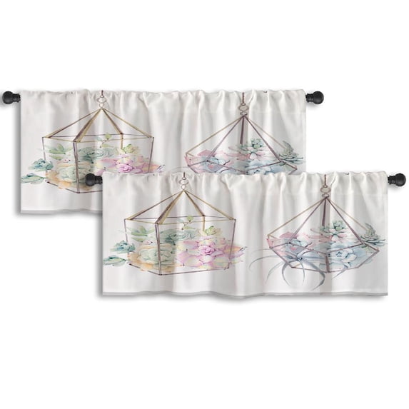LALILO Kitchen Curtain Valance Watercolor Vintage Succulents Rod Pocket Window Curtain 52"x 18" Set of 2