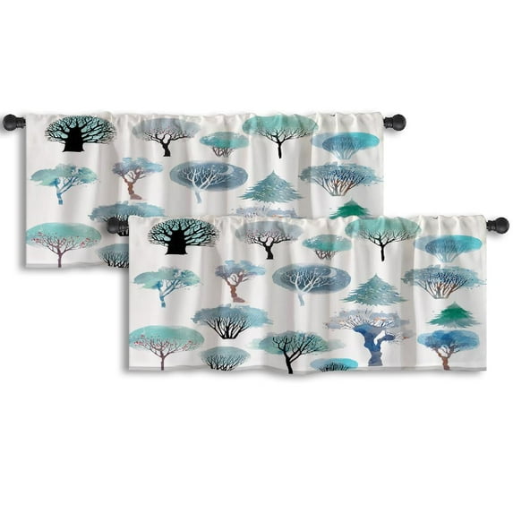 LALILO Kitchen Curtain Valance Watercolor Winter Trees Winter Rod Pocket Window Curtain 52"x 18" Set of 2