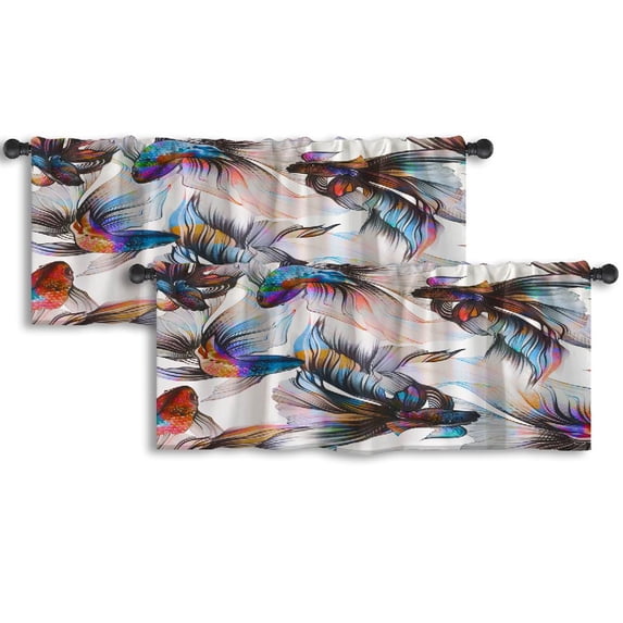 LALILO Kitchen Curtain Valance Watercolor With Golden Fish Rod Pocket Window Curtain 52"x 18" Set of 2