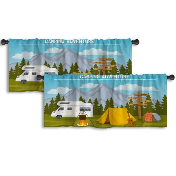 LALILO Kitchen Curtain Valance With Camping Tent Rod Pocket Window Curtain 52"x 18" Set of 2