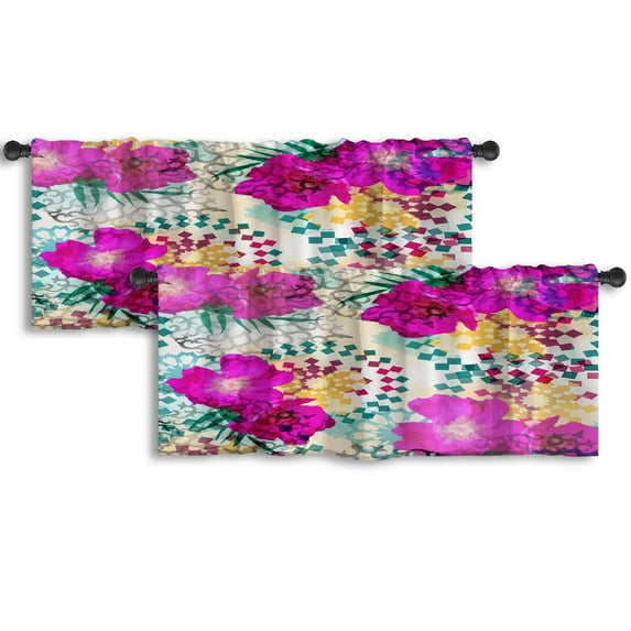 LALILO Kitchen Curtain Valance With Flowers Floral Rod Pocket Window Curtain 52"x 18" Set of 2