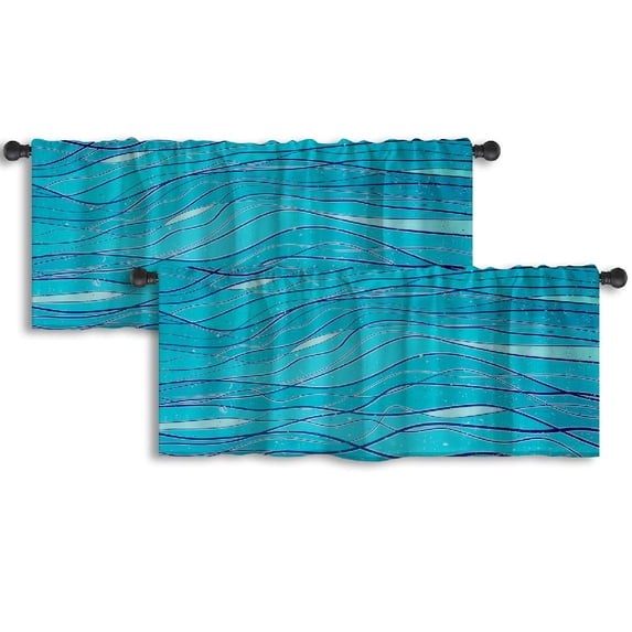 LALILO Kitchen Curtain Valance With Sea Waves Ornament Rod Pocket Window Curtain 52"x 18" Set of 2