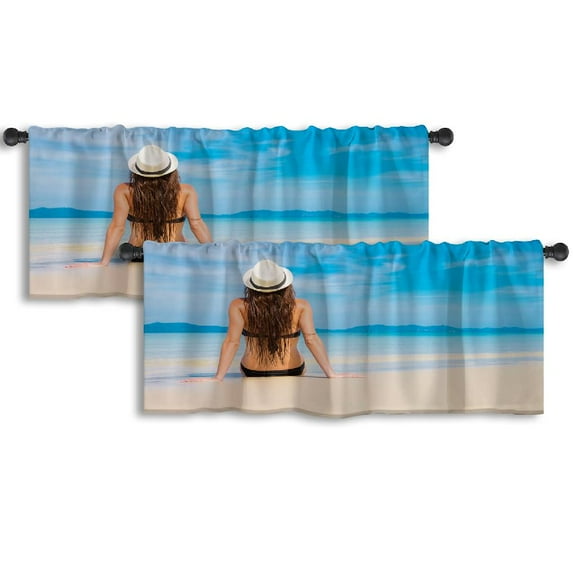 LALILO Kitchen Curtain Valance Woman Relax Beach Beach Relax Rod Pocket Window Curtain 52"x 18" Set of 2