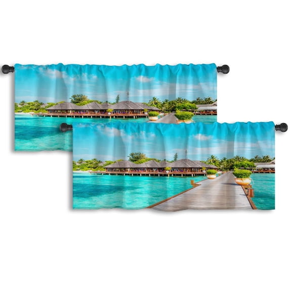 LALILO Kitchen Curtain Valance Wooden And Exotic Sandy Beach Rod Pocket Window Curtain 52"x 18" Set of 2