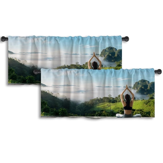LALILO Kitchen Curtain Valance Young Woman Yoga Nature Rod Pocket Window Curtain 52"x 18" Set of 2