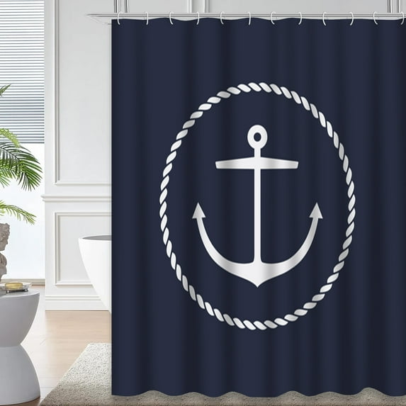 LALILO Marine Navy Blue Waterproof Shower Curtain,Anchor Emblem with Rope Yacht Nautical Sign Circle Shower Curtains for Bathroom with 12 Hooks,72x72 Inch